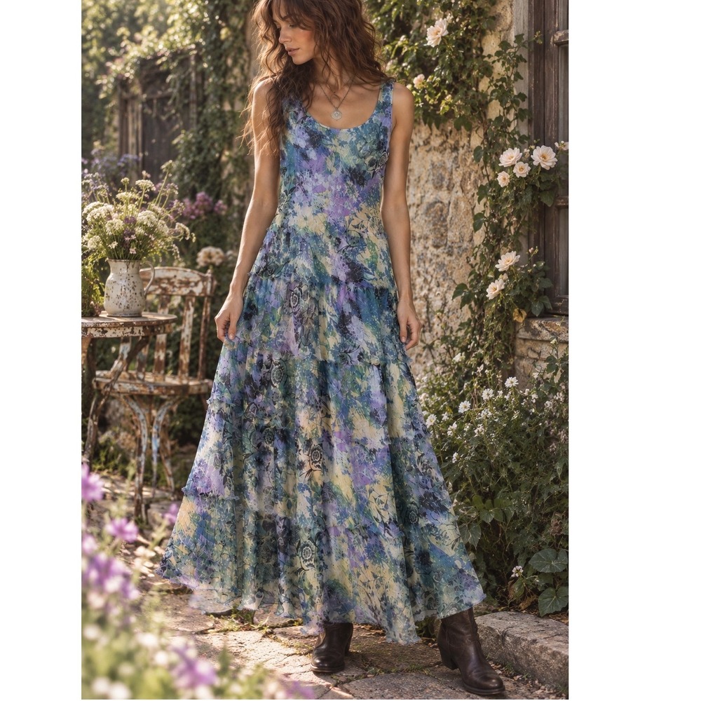 Vtg y2k Jones Studio Maxi Dress sz 4 Fairycore Cottagecore Tiered fairy grunge